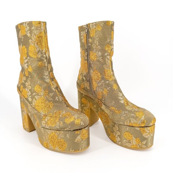 Dries Van Noten Floral Brocade Platform Boots EU 37 US 6-6.5 Gold Block Ankle - Picture 1 of 12